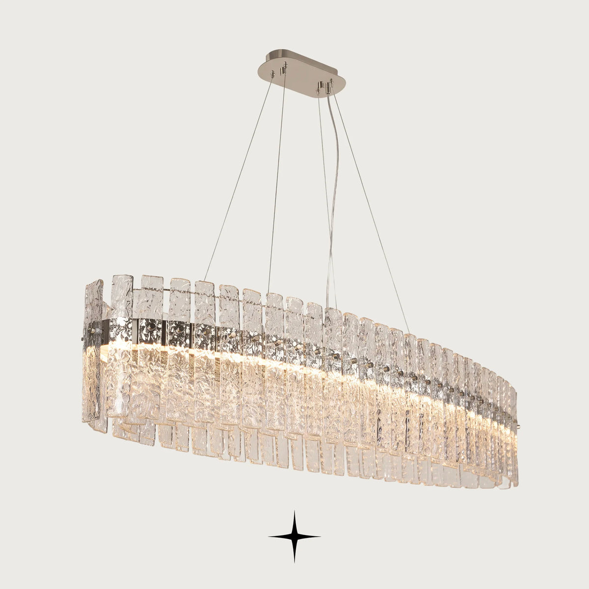 Full view of Oval Chime linear chandelier showing oval frame and sparkling light output
