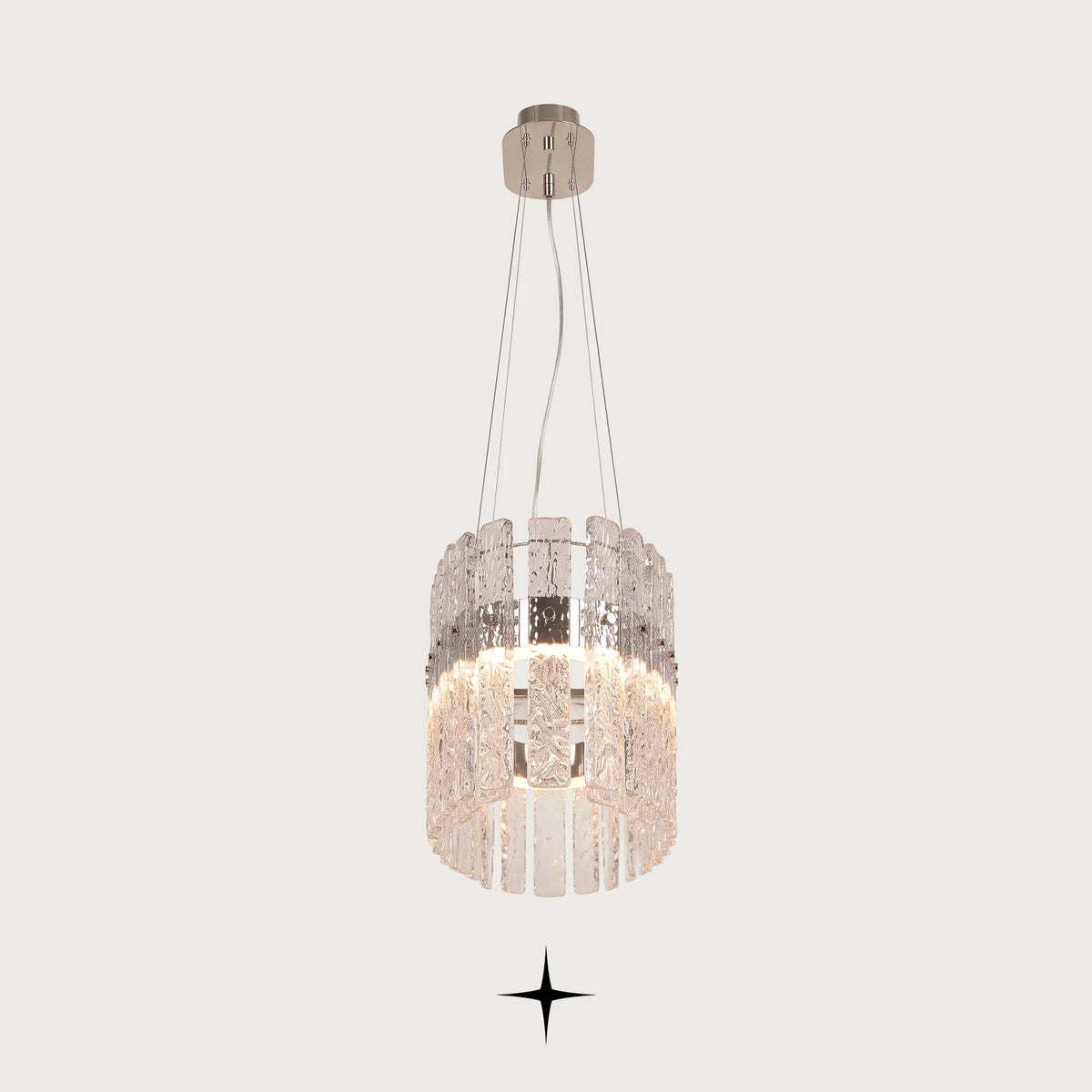 A chime oval cylindrical pendant chandelier with a brushed silver metal frame and clear hanging crystal prisms, suspended by thin cables from a matching ceiling canopy against a light gray background.