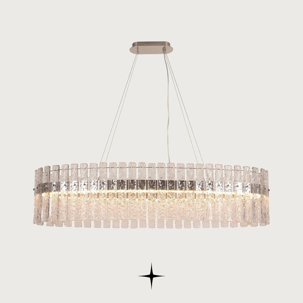 Full view of Oval Chime linear chandelier showing oval frame and sparkling light output

