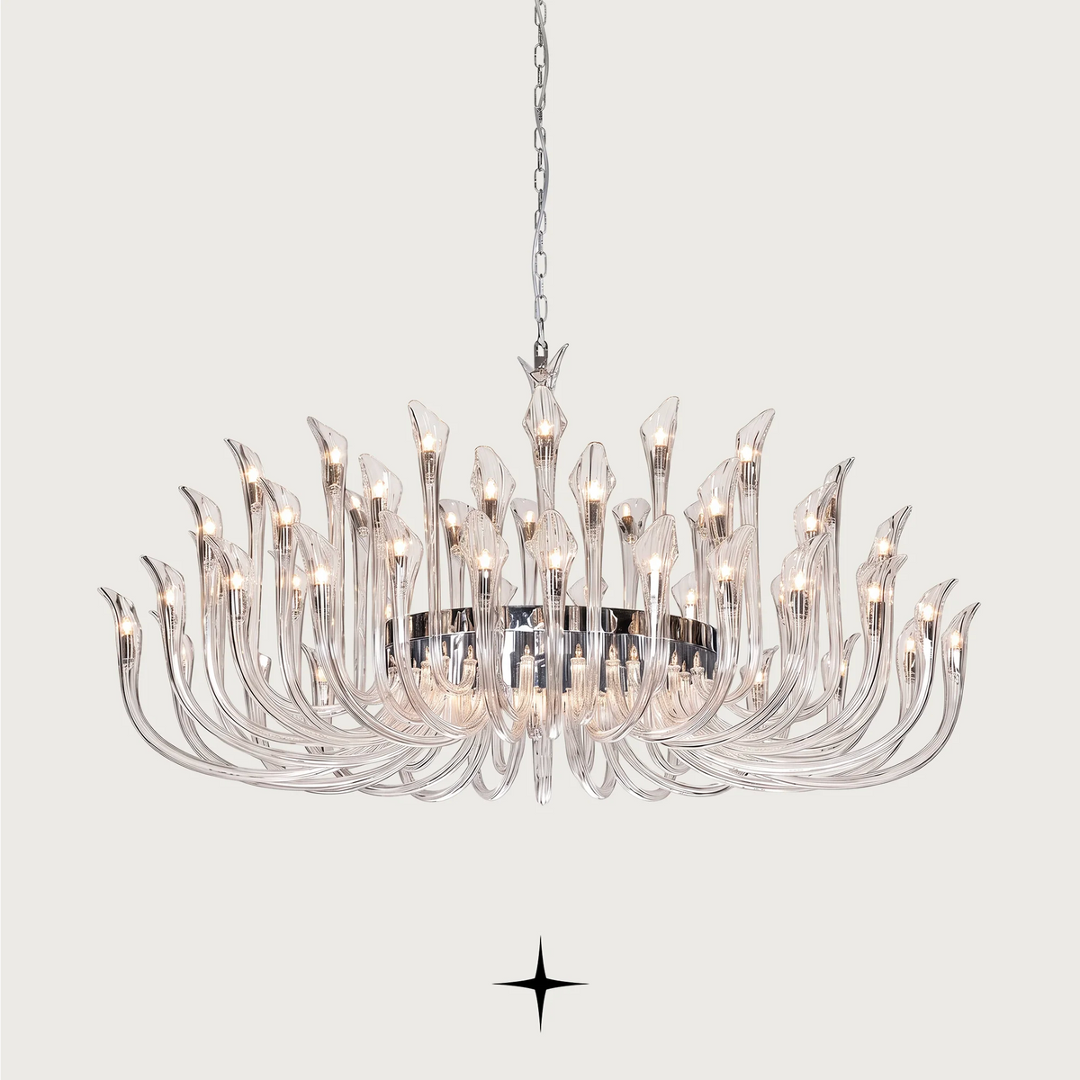 Oval Flare luxury chandelier featuring radiating crystal tendrils and polished chrome oval canopy
