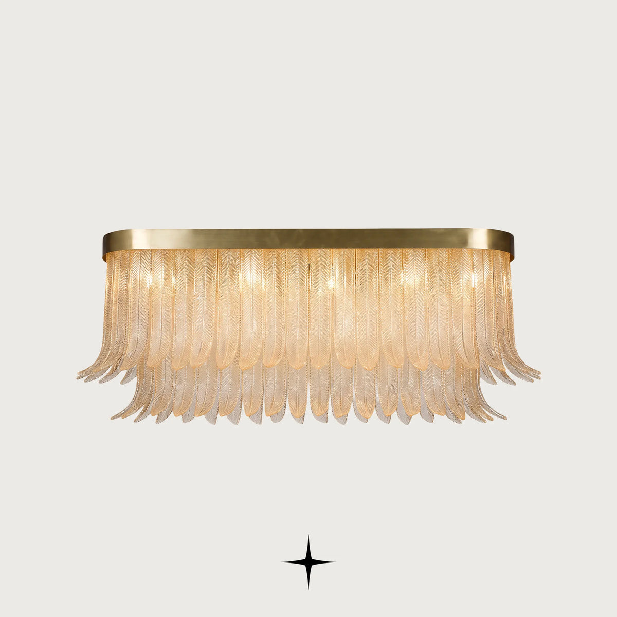 Oval Golden Falls chandelier with handcrafted glass feather diffusers and brass frame
