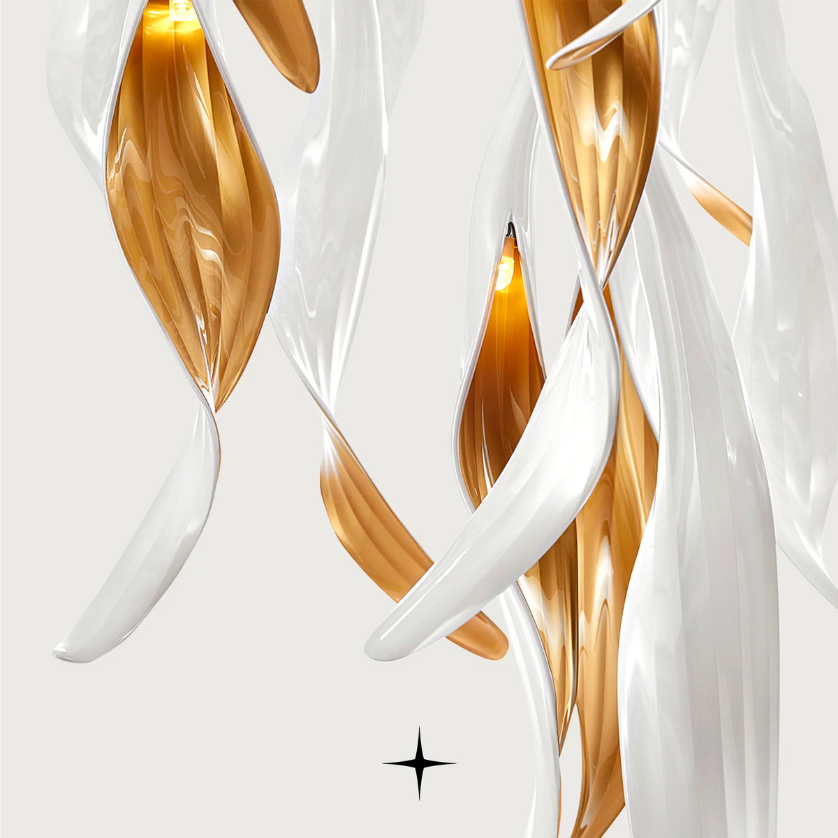 Detailed close-up of sculpted golden dripping crystals and white accents on Oval Marble Aura chandelier
