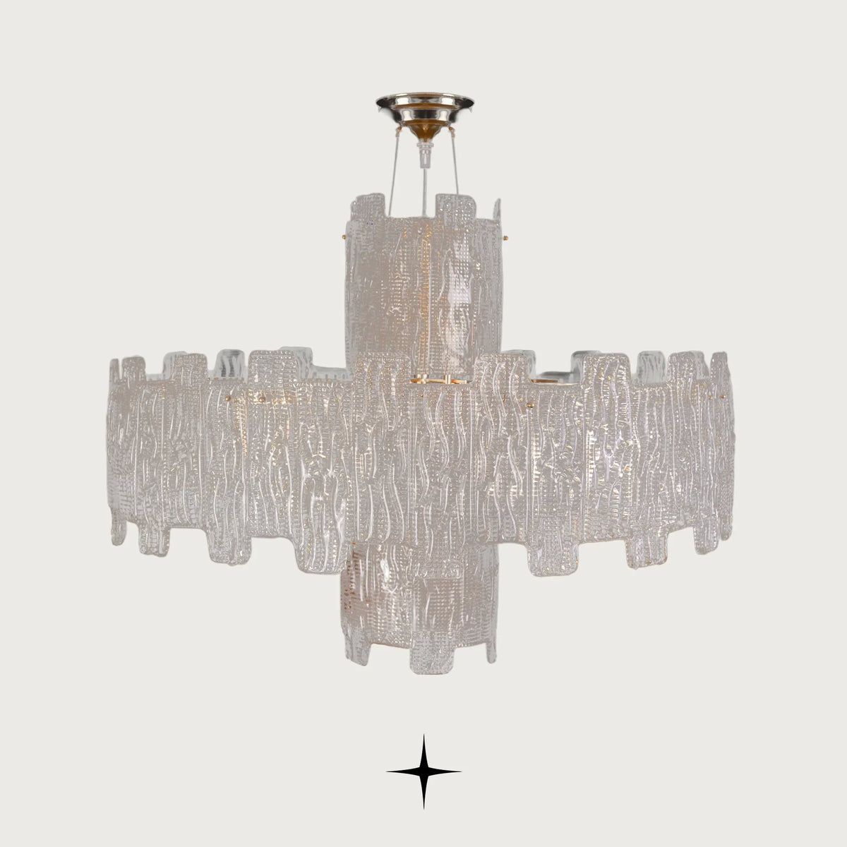 Paloma Chandelier featuring luxury textured glass and tiered vertical glass elements supported by a golden nickel structure
