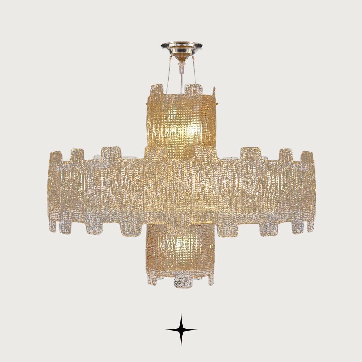 Paloma Chandelier featuring luxury textured glass and tiered vertical glass elements supported by a golden nickel structure
