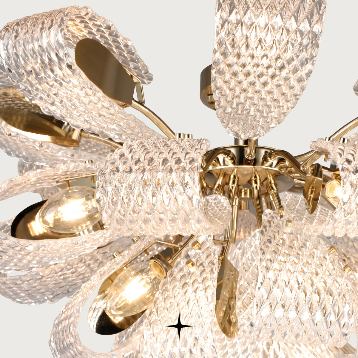 Detailed close-up of handcrafted textured crystal petals on Papiyon light fixture
