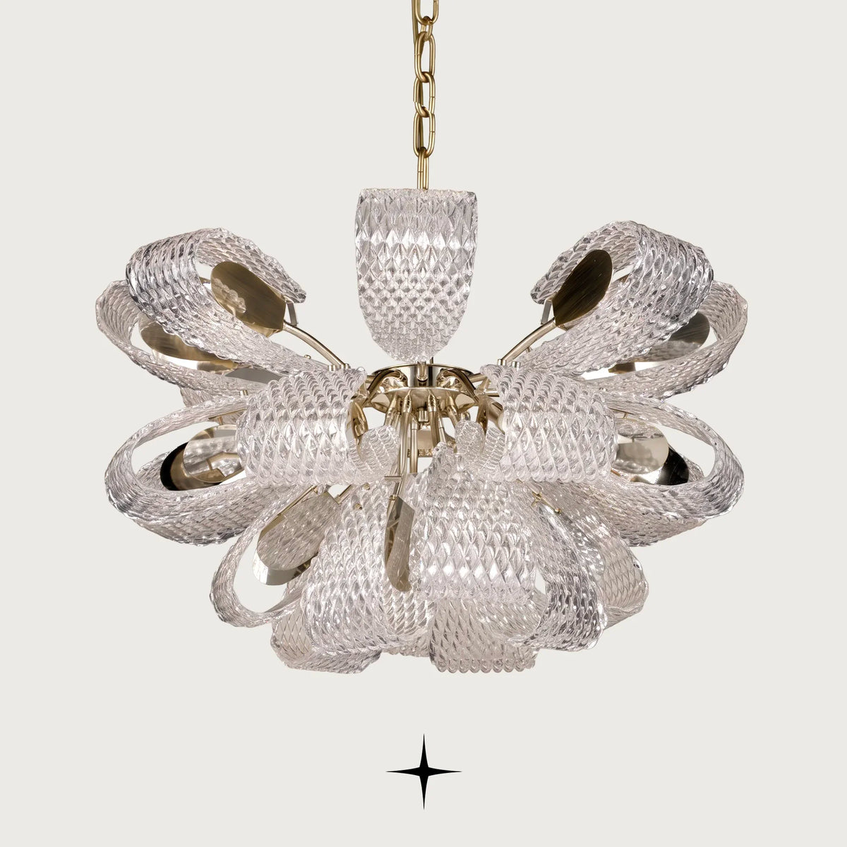 Papiyon Chandelier featuring intricately textured crystal petals and polished golden hardware in a luxury design

