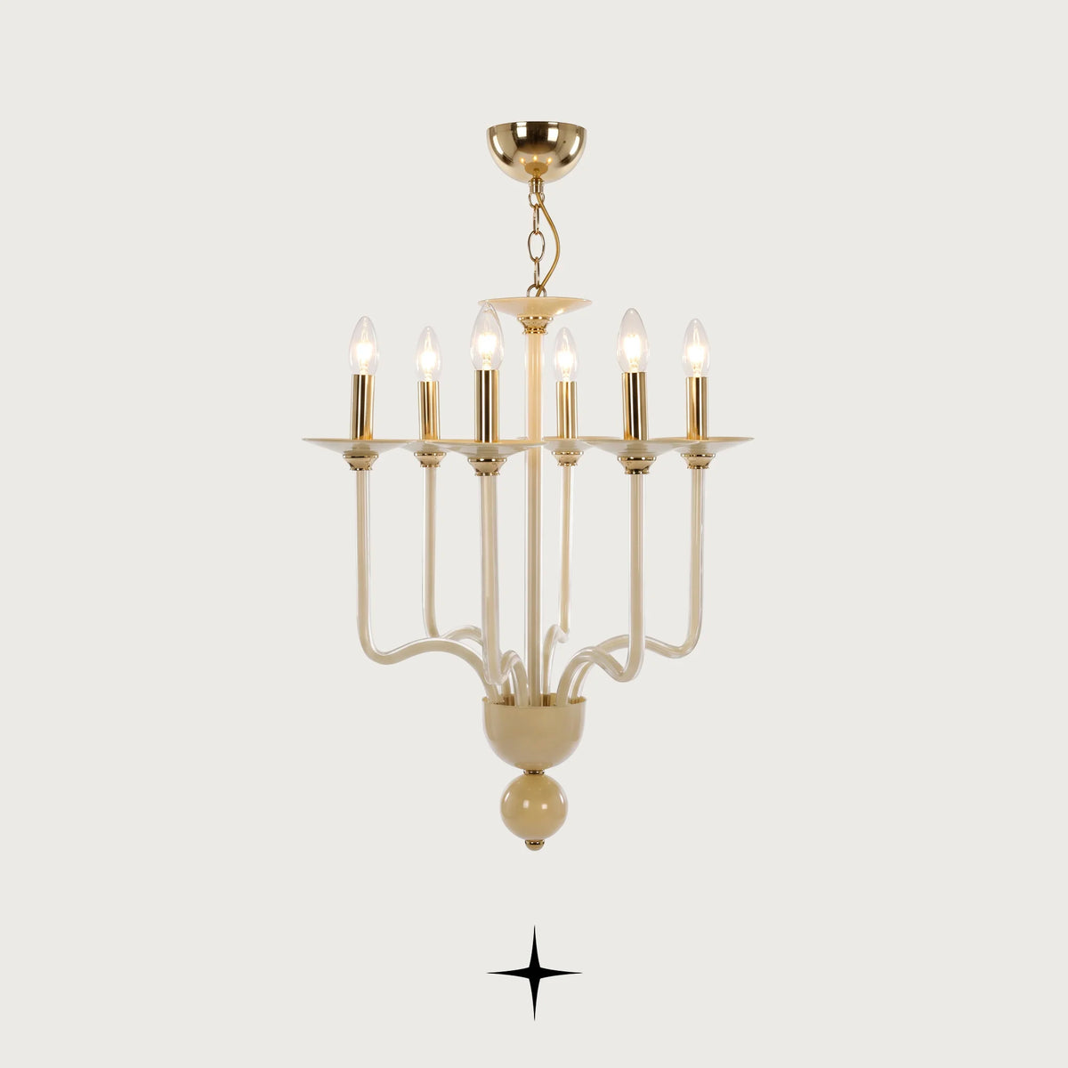 Petite Harmony Chandelier featuring cream-white glass arms with candle-style lights and brass accents
