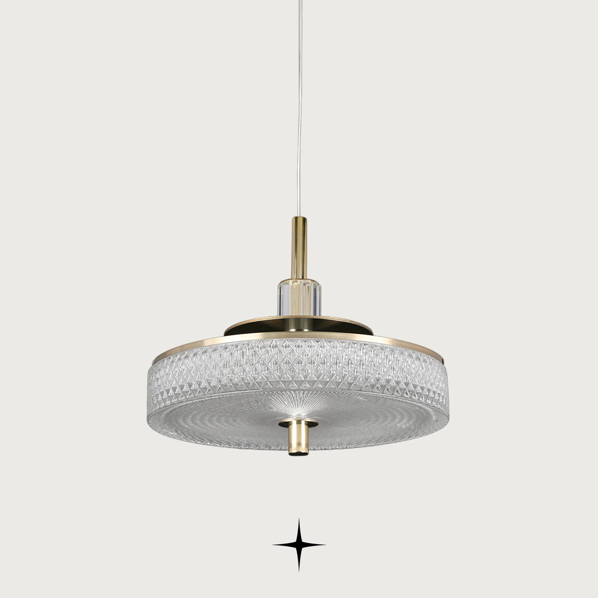 Prima Cleo luxury single light pendant with golden nickel structure and Murano glass dome on black background