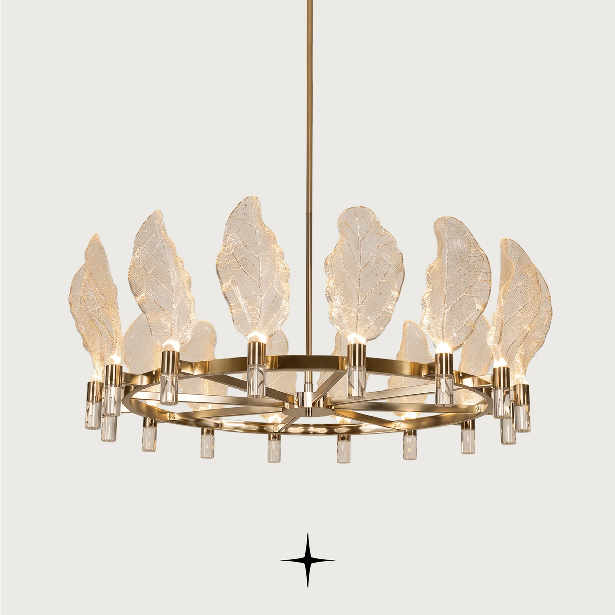 Pristine luxury circular chandelier featuring frosted Murano-style glass leaves and gold brass ring frame
