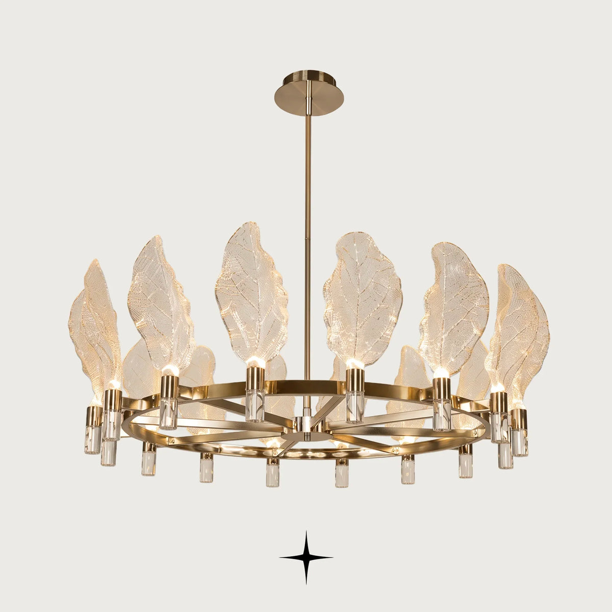 Pristine Chandelier featuring handcrafted Murano-style crystal glass leaves and a luxurious circular brass structure
