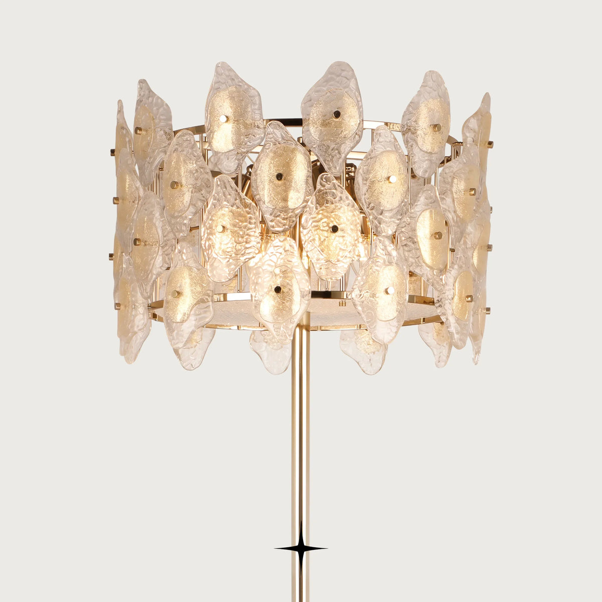 Close up detail of gold and clear crystal diffusers on Raquel floor lamp