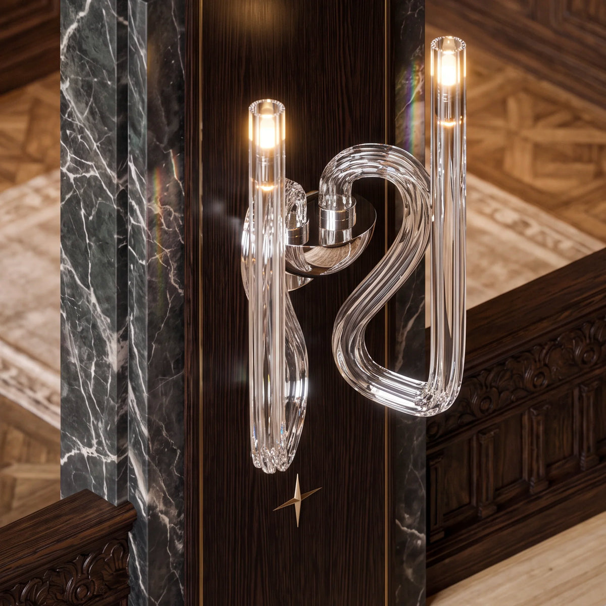 Regal dual wall light fixture featuring post-modern linear design and rich color palette.
