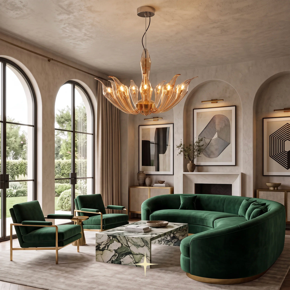 Rina Chandelier featuring chic elongated amber-toned crystal arms in a modern design
