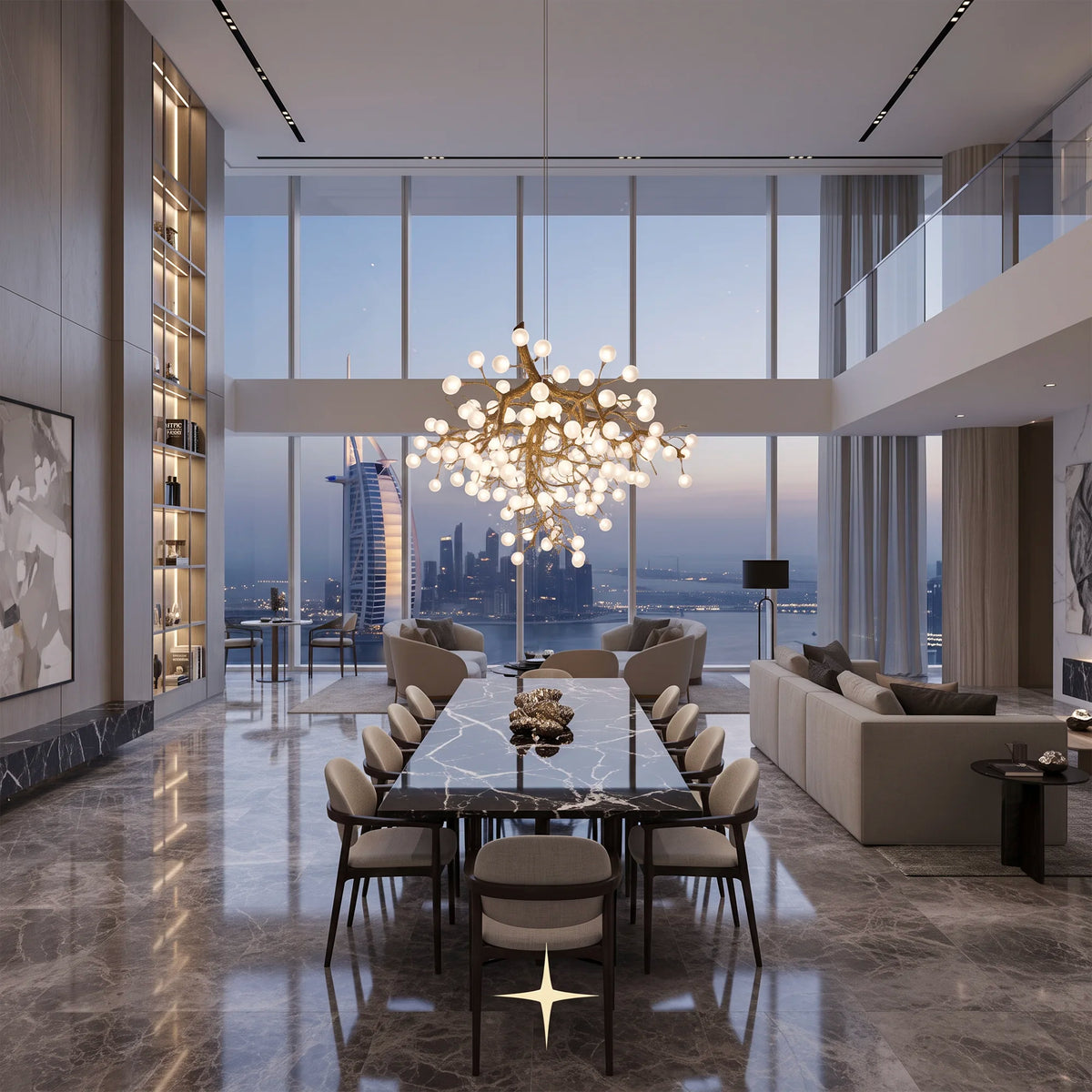 omantica crystal blossom chandelier installed in a modern luxury dinning hall 