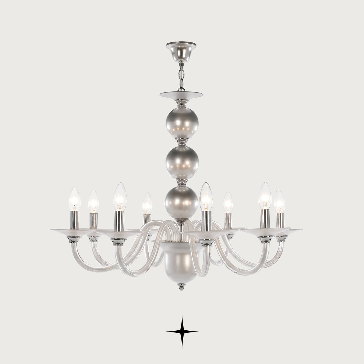 Rosalie Chandelier featuring chic elongated crystal arms in a luxurious silver finish across four sizes
