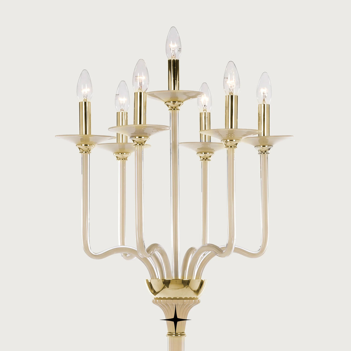 Close up detail of bohemian crystal candelabra arms and diffusers on Harmony floor lamp