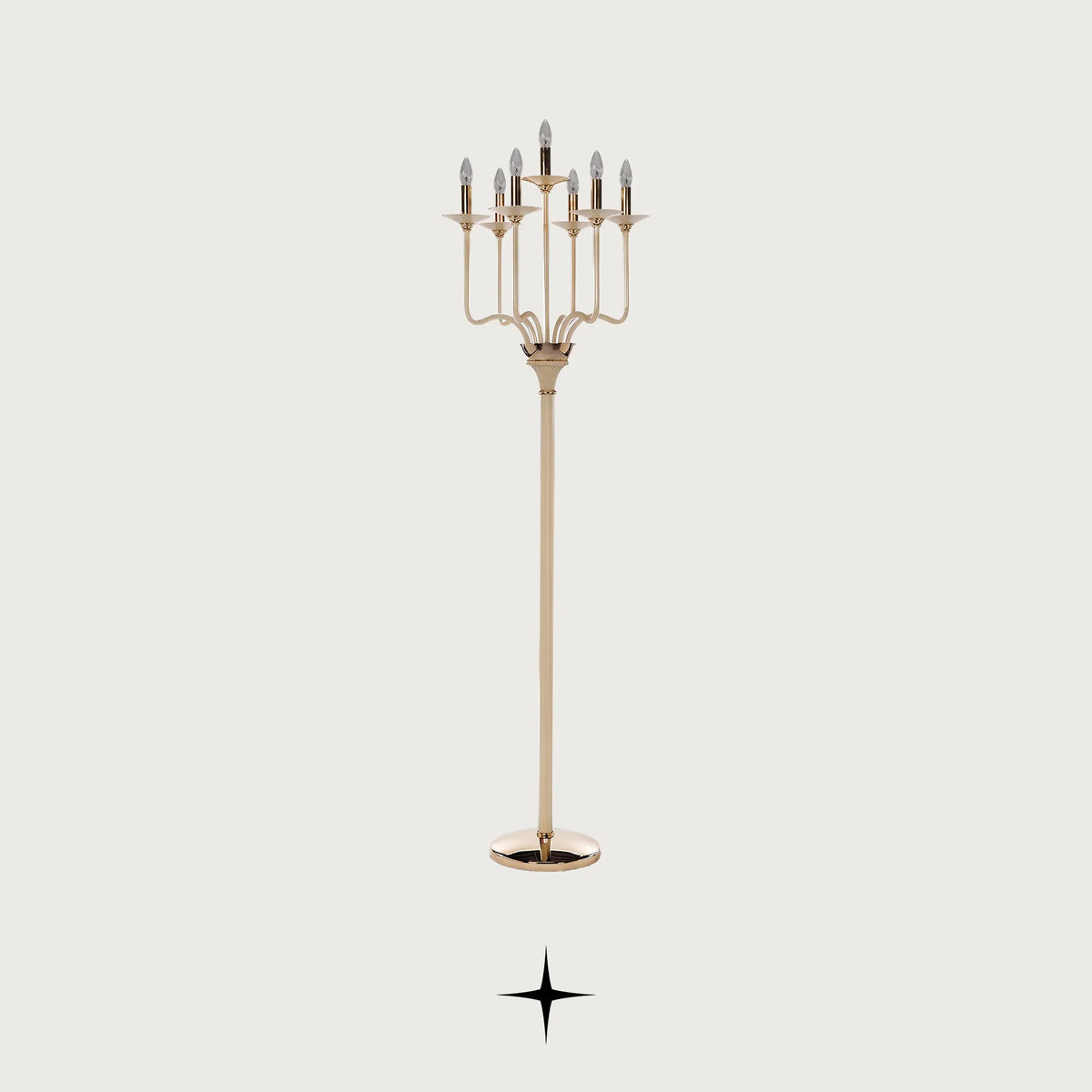 Front view of Harmony crystal candelabra floor lamp with brass stem on light grey background