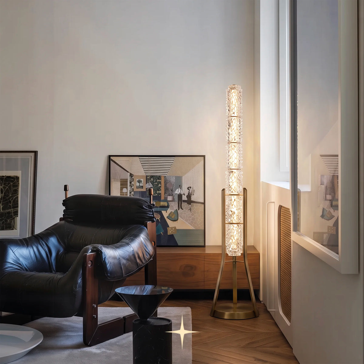 Sahara Murano glass floor lamp placed in a modern luxury living room setting