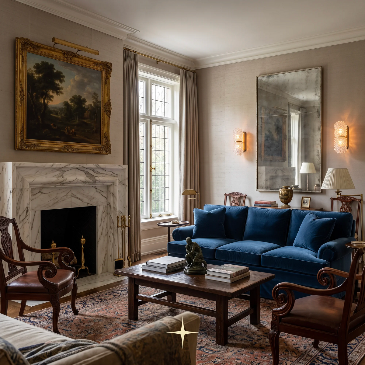 A styled living room featuring a prominent deep blue velvet sofa, a white marble fireplace, dark wood armchairs, a wooden coffee table, and classic wall decor including a large landscape painting and a vintage-style mirror.