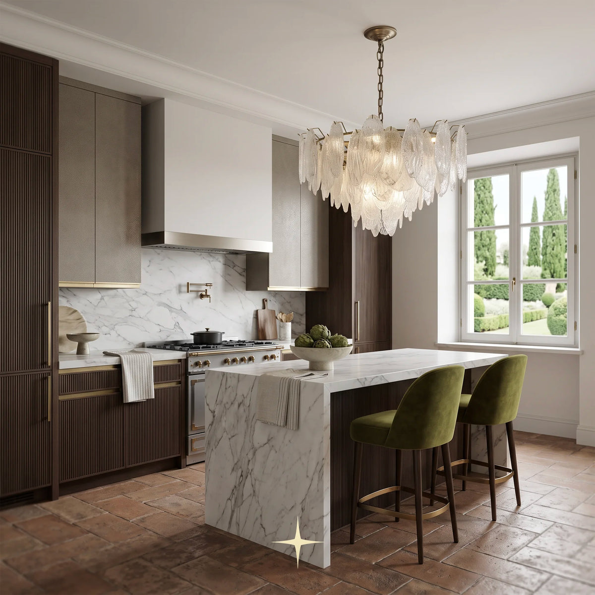 Saliva Chandelier featuring an intricate arrangement of textured glass shades resembling cascading leaves with warm brass accents
