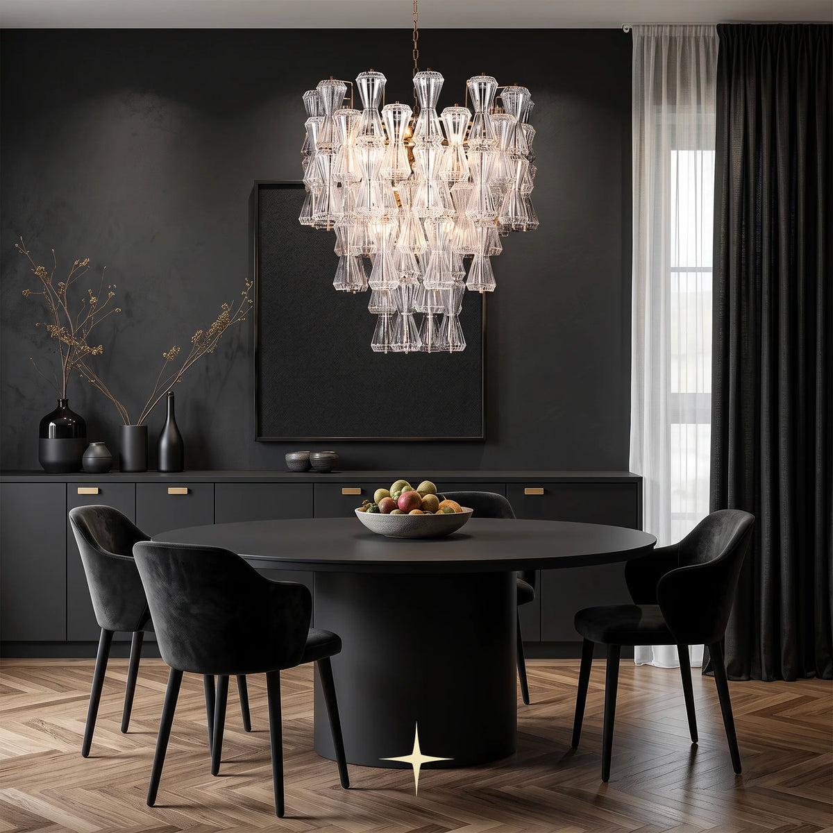 Seattle luxury glass chandelier installed over modern dark dining table setting
