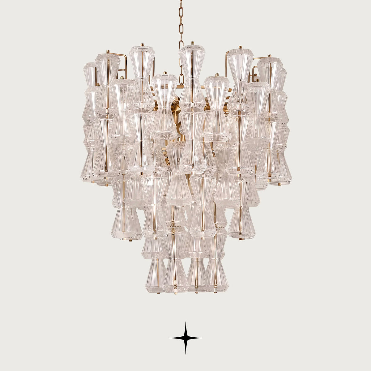 Seattle Chandelier featuring handcrafted Rigadin glass in sinuous hourglass forms creating radiant reflections
