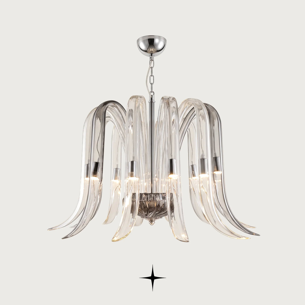 Shanon Chandelier featuring clear and smoked grey handcrafted crystal glass wings cascading downwards
