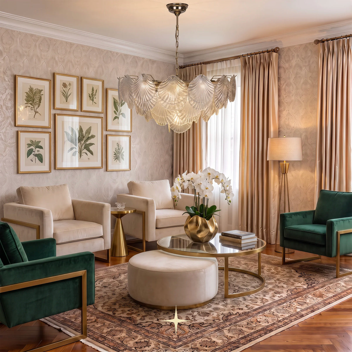 Shellina seashell glass chandelier illuminated in an elegant modern living room interior