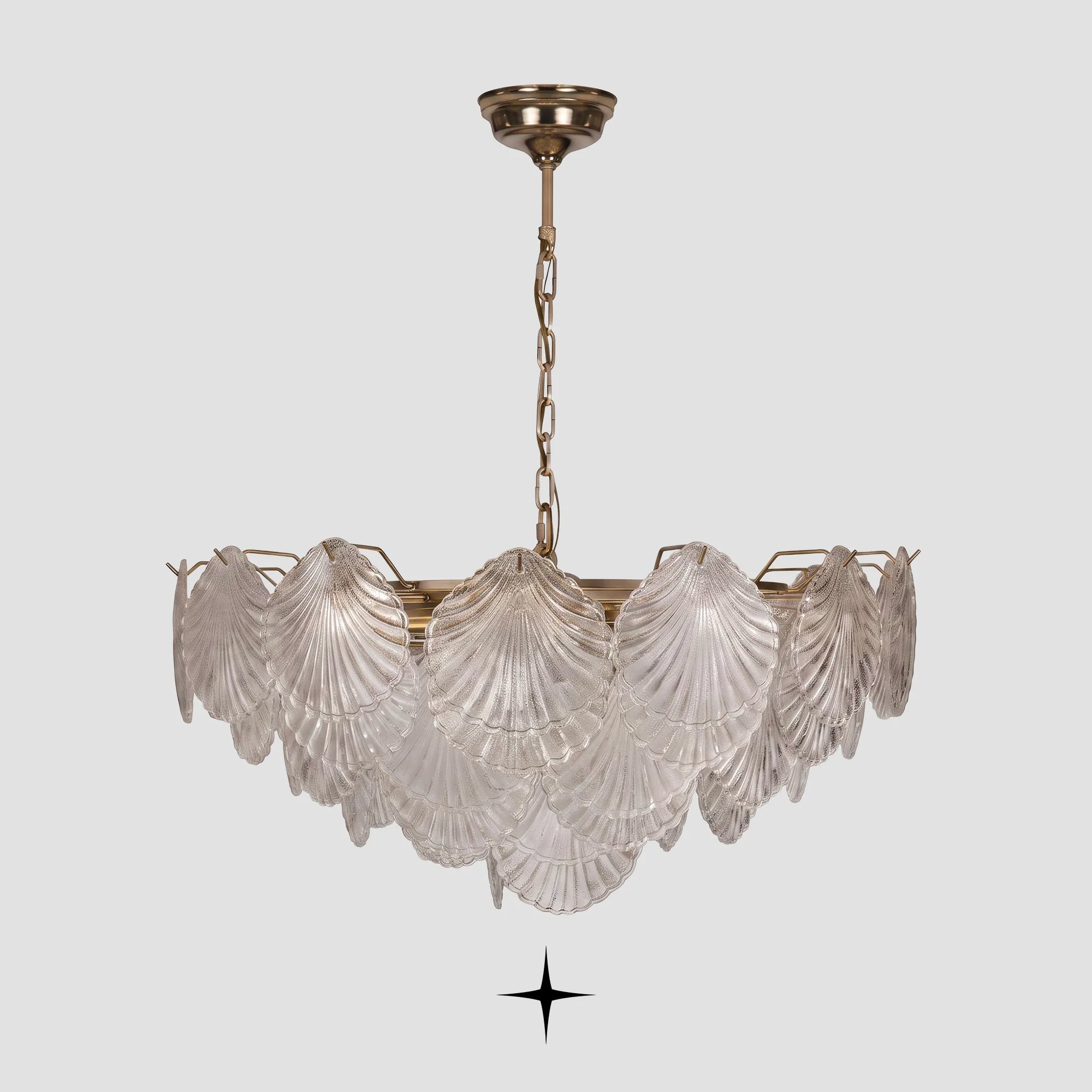 Front view of Shellina coastal seashell glass pendant lighting fixture on light grey backdrop