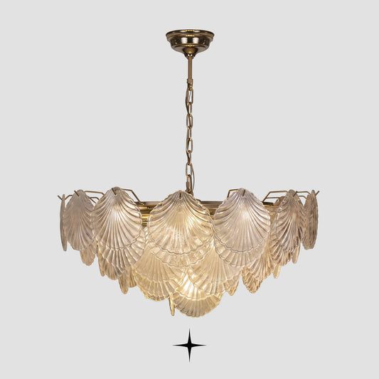Shellina seashell-shaped textured glass chandelier with gold stem on light grey background