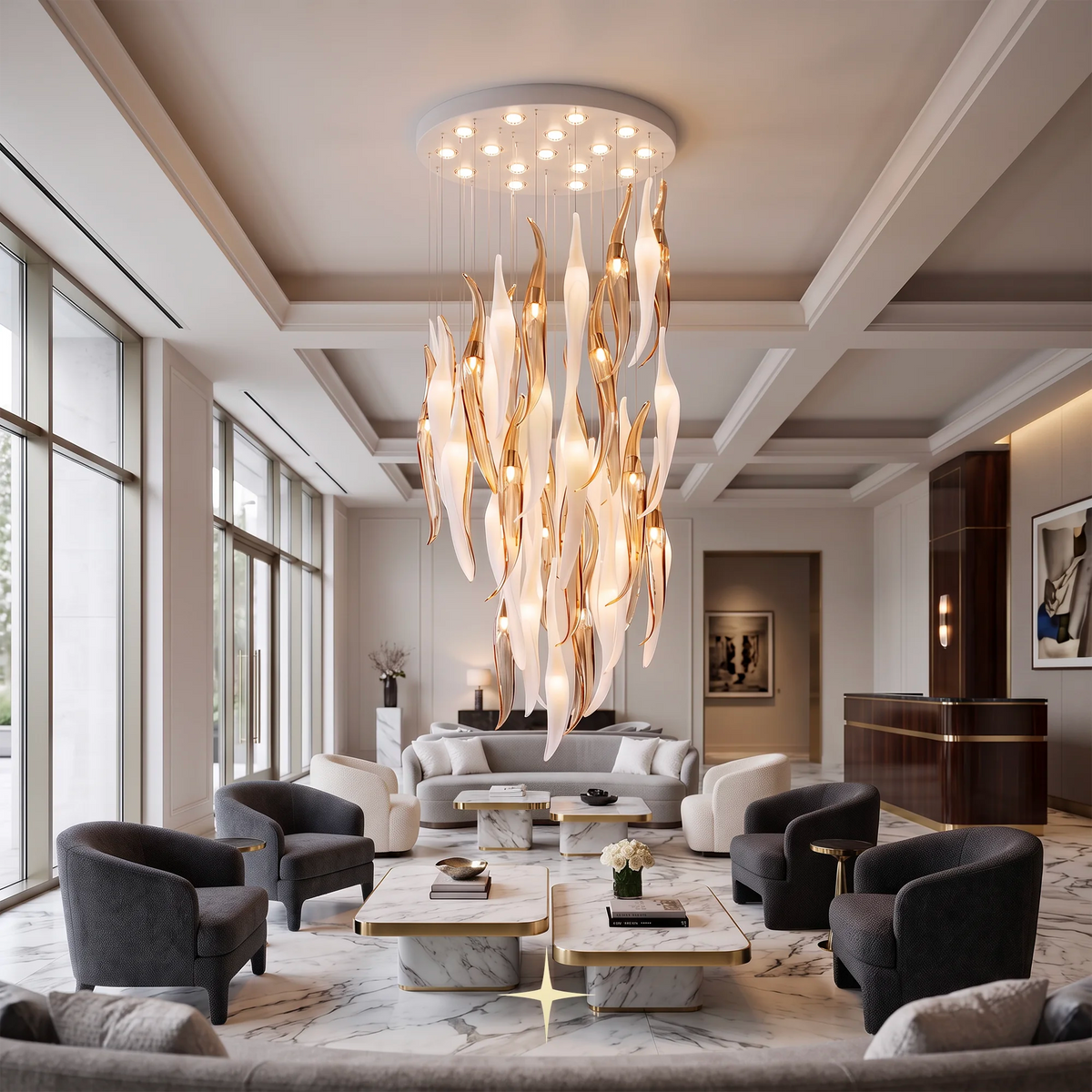 A luxury modern living room featuring a large, eye-catching chandelier with flowing white and gold leaf-like blades. The room is styled with contemporary gray armchairs, marble coffee tables, and a light gray sofa, set against a sophisticated cream and wood paneled ceiling.