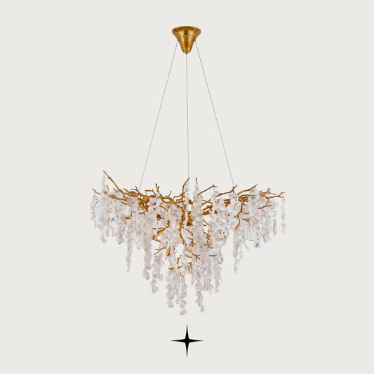 Front angle view of Shiraz circular crystal vine pendant light on light grey backdrop