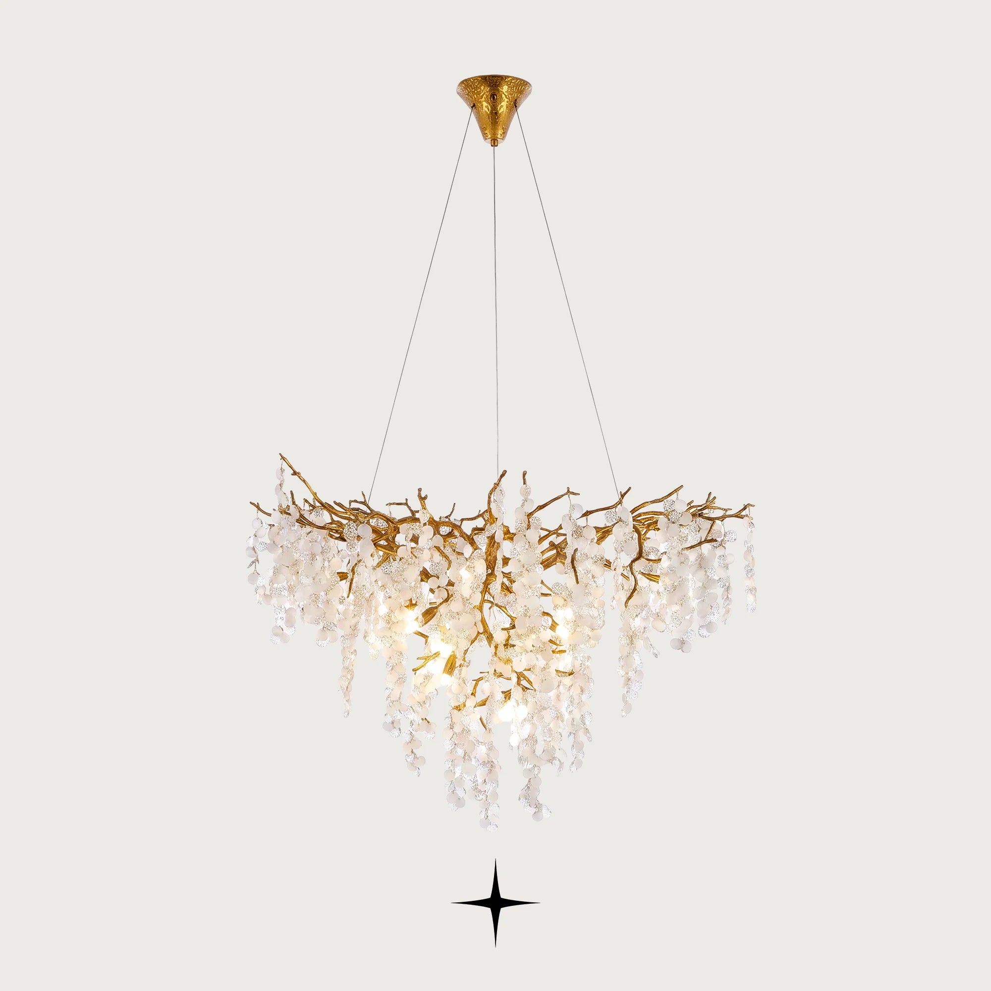 Shiraz round brass branch chandelier with crystal droplets on light grey background
