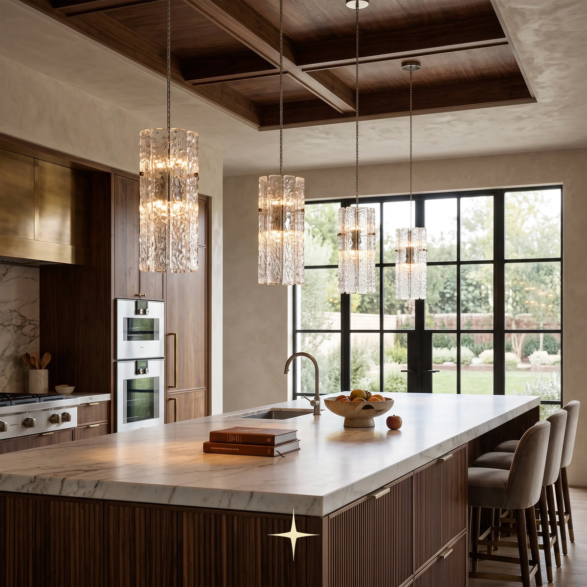 A luxury modern kitchen featuring Single Chime pendant light hanging in a modern luxury living room  hanging over a marble island with dark wood cabinetry, set against a warm beige wall and 