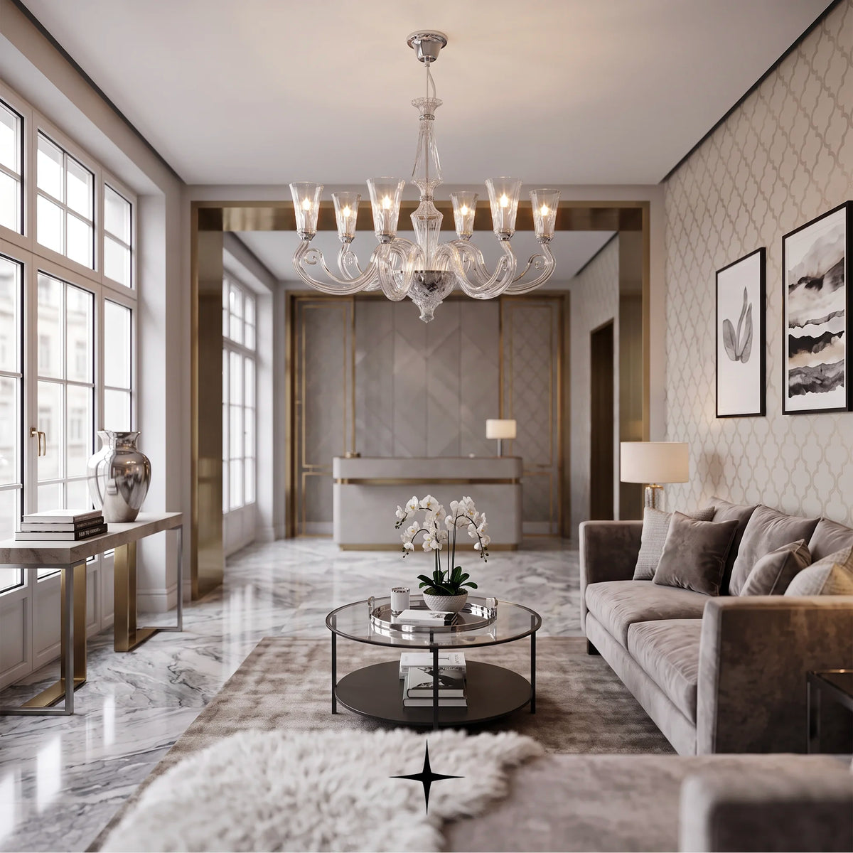 Sophia Chandelier featuring chic elongated crystal arms in a clear luxury design across five sizes
