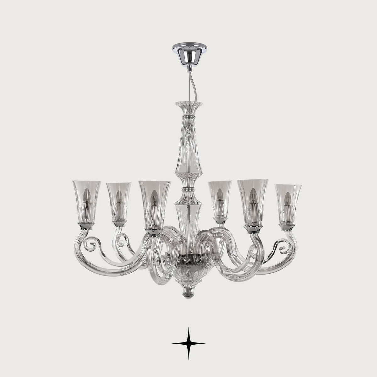 Sophia Chandelier featuring chic elongated crystal arms in a clear luxury design across five sizes
