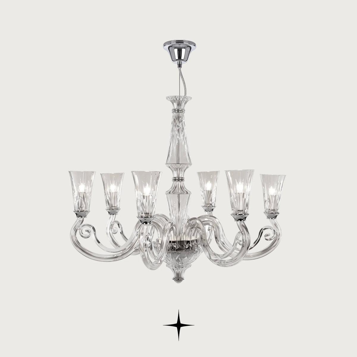 Sophia Chandelier featuring chic elongated crystal arms in a clear luxury design across five sizes
