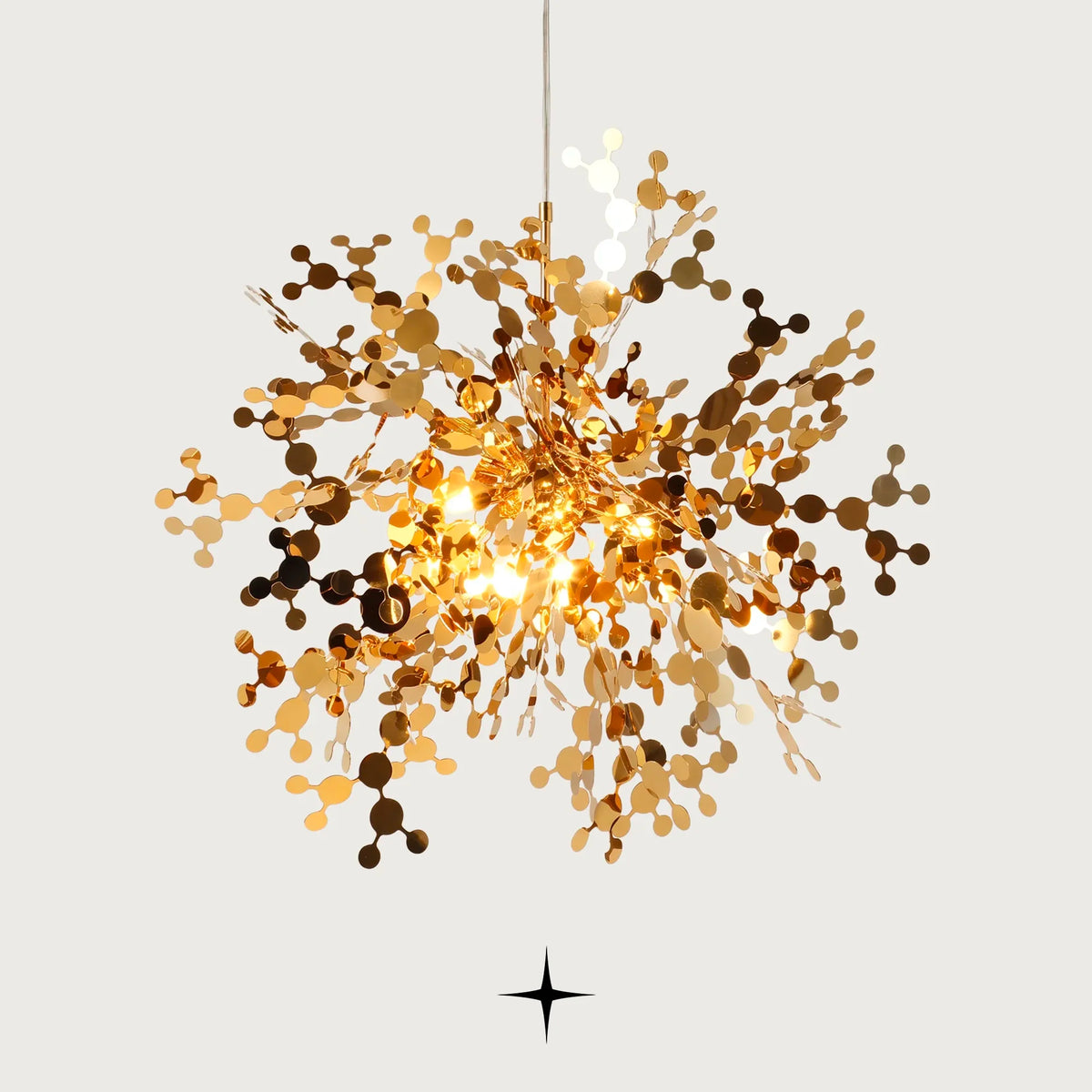 Sparkle modern chandelier featuring a bursting golden light cluster design
