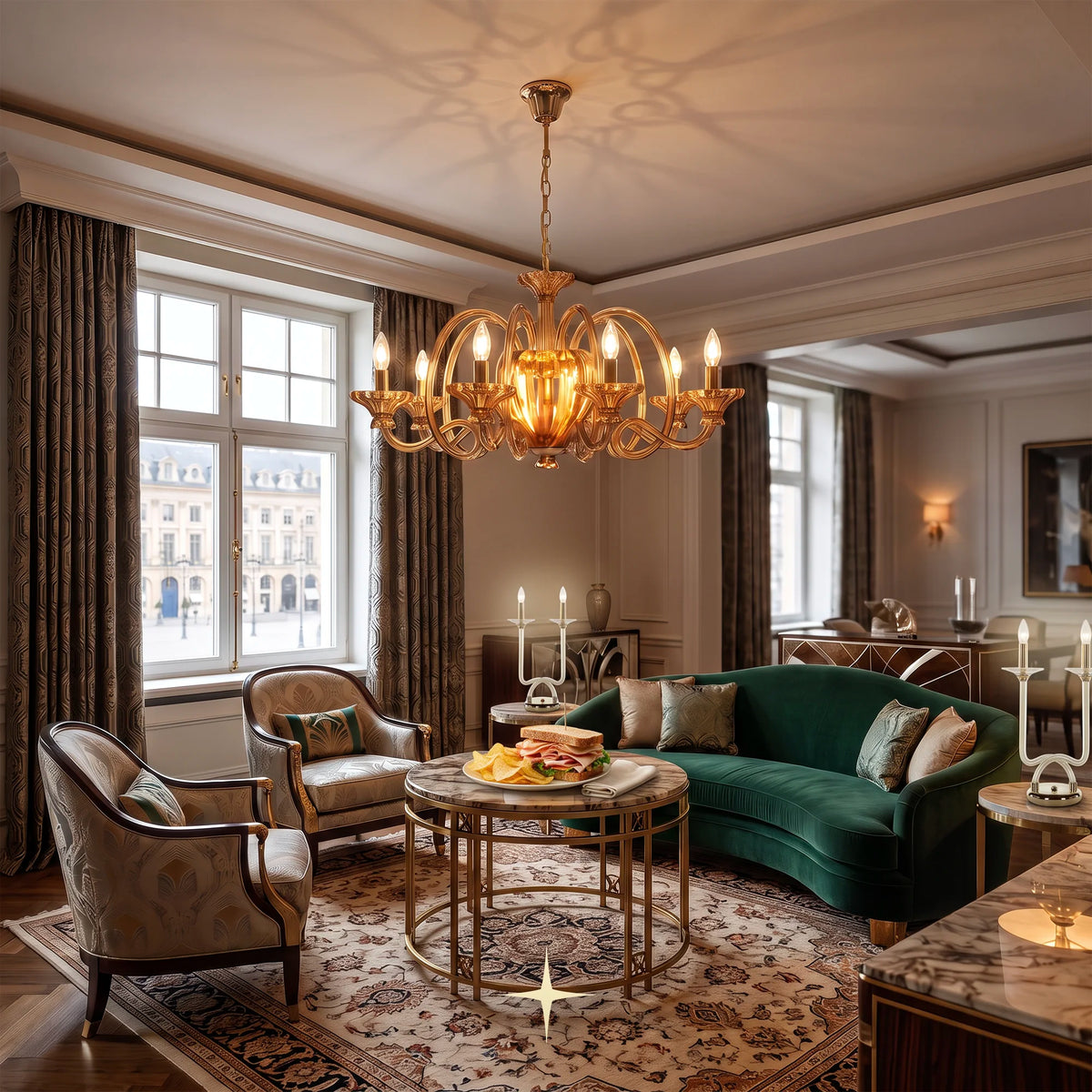 Theodora Chandelier featuring chic elongated crystal arms in warm amber across two size options
