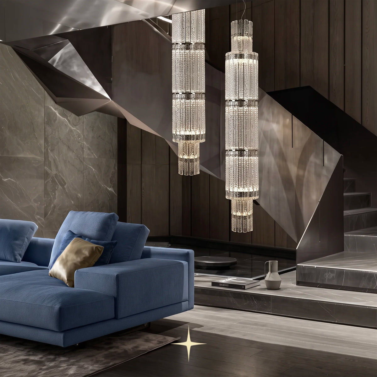 Three level Chime pendant light hanging in a modern luxury lounge interior
