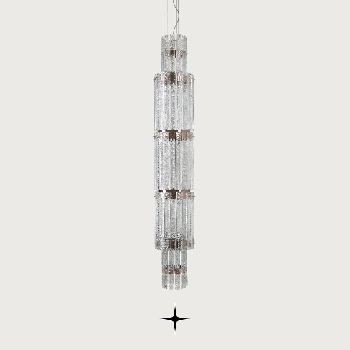 Three level Chime tall pendant light with stacked rock-crystal effect glass diffusers
