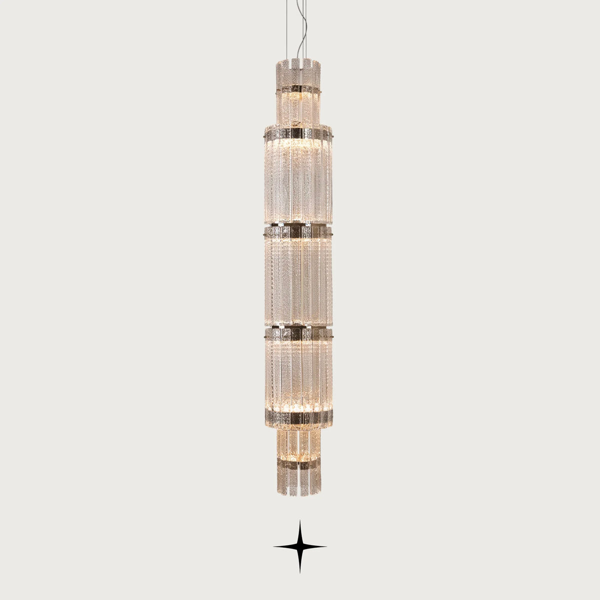 Three level Chime tall pendant light with stacked rock-crystal effect glass diffusers

