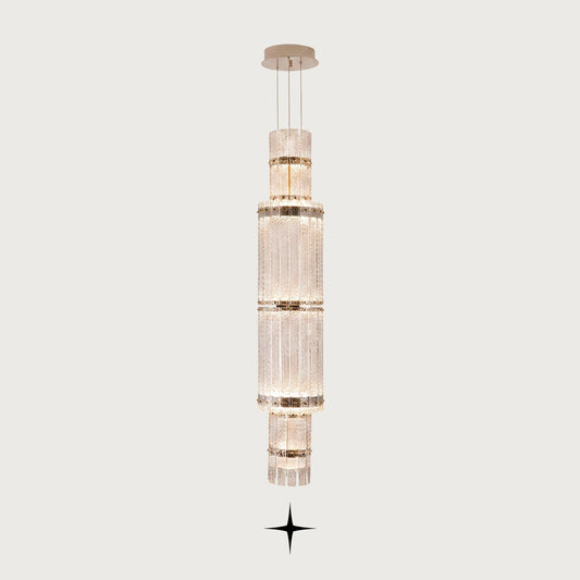Two Level Chime two-tier vertical rock-crystal effect glass column chandelier on light grey background