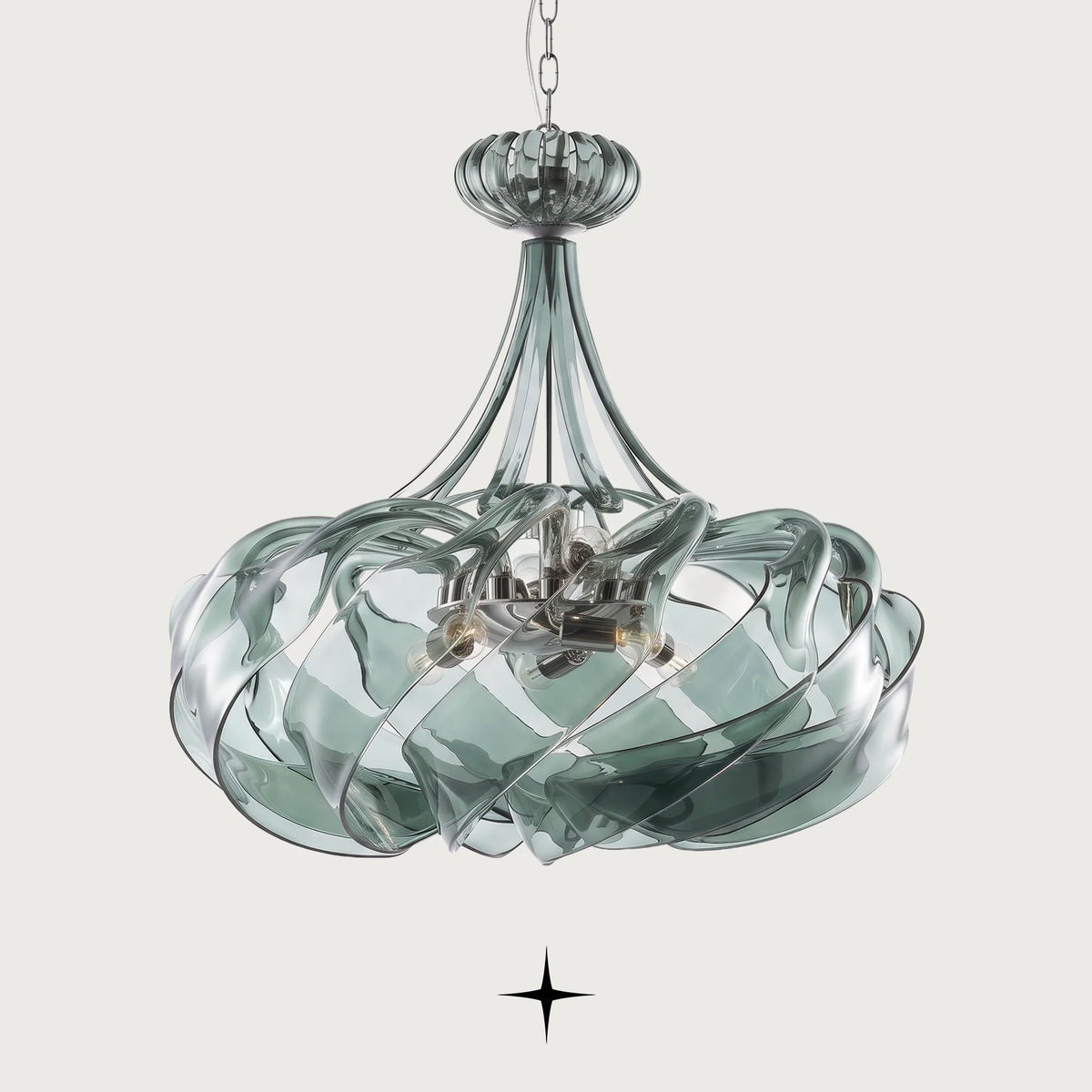 Valentina Chandelier featuring symmetrical smoke green ribboned crystal glass loops in a round design
