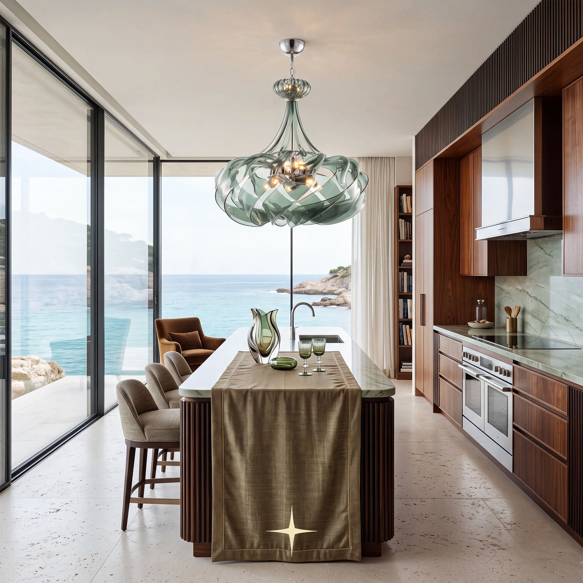 Valentina Chandelier featuring symmetrical smoke green ribboned crystal glass loops in a round design
