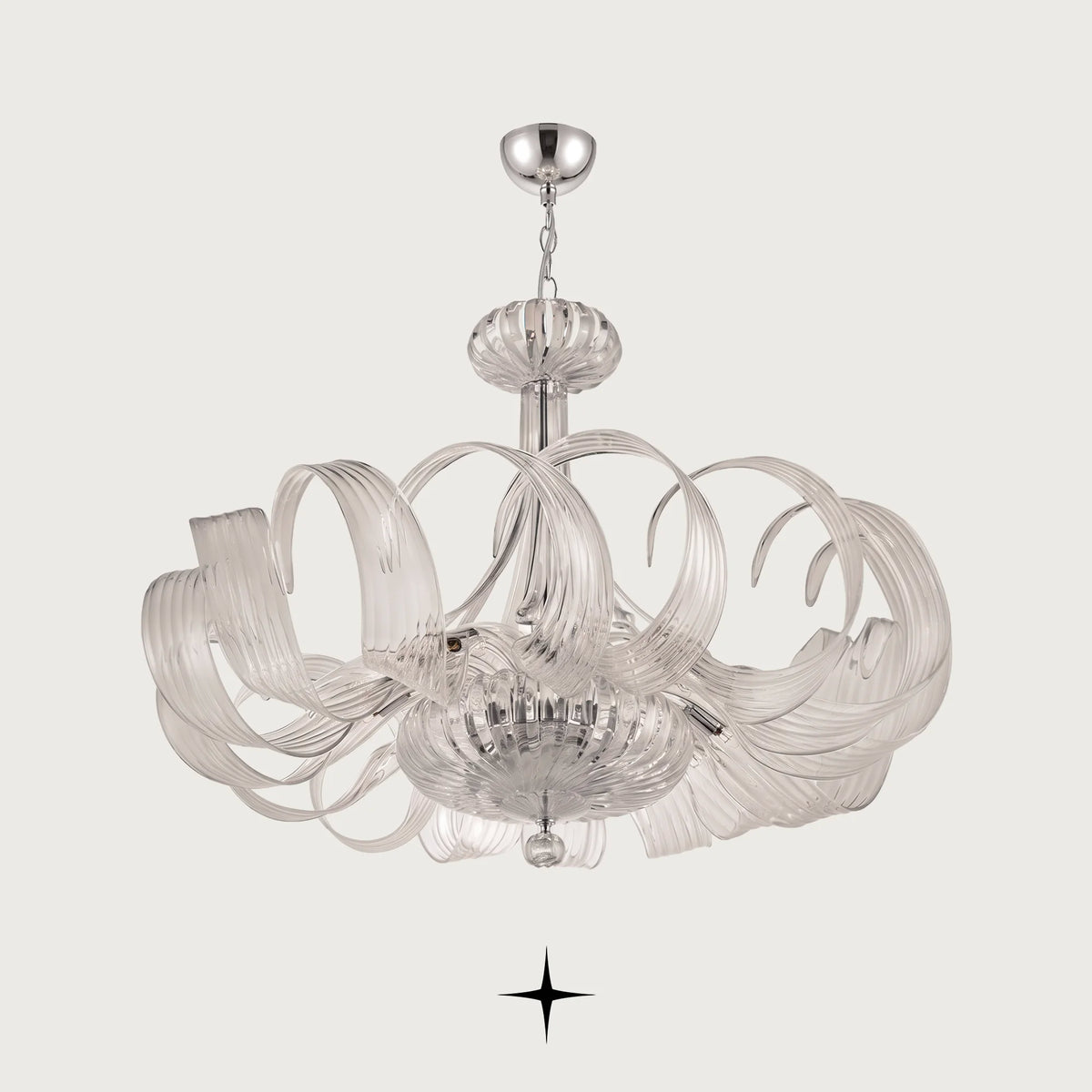 Vanilla Chandelier featuring gracefully twisting clear crystal glass loops resembling flowers in bloom
