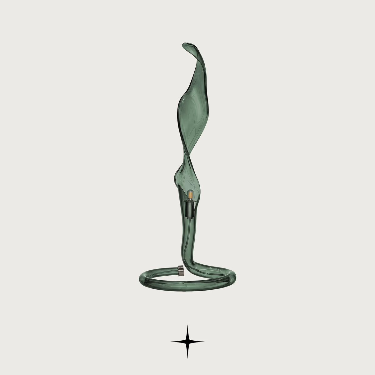 Veda modern sculptural fluid glass table lamp with metallic ring base on a light grey background