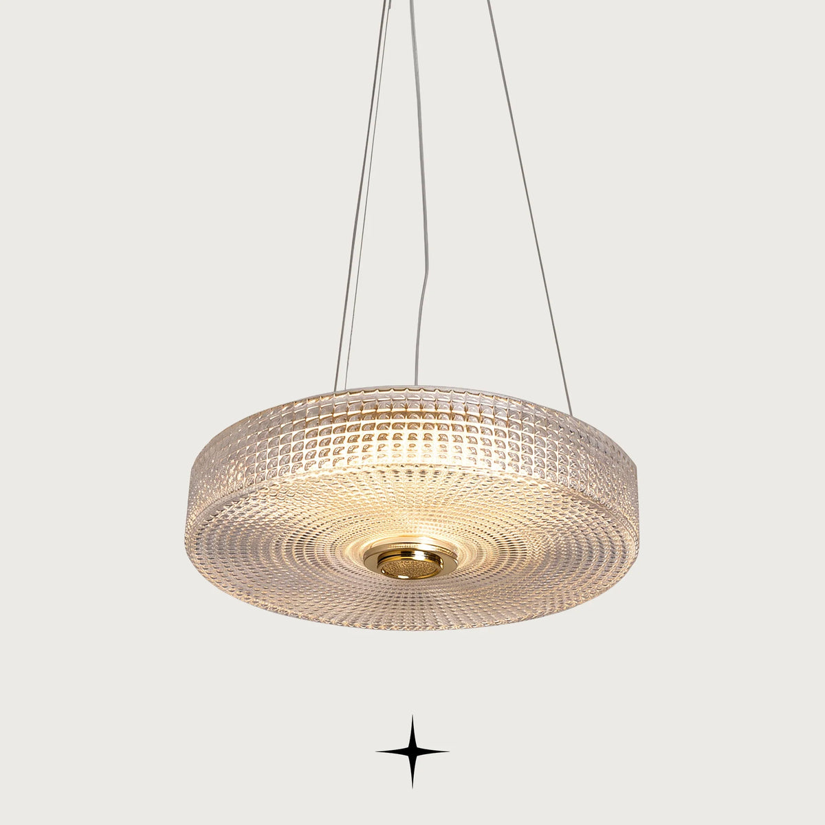Elegant Cleo large single light pendant with golden nickel structure and Murano glass dome on dark background