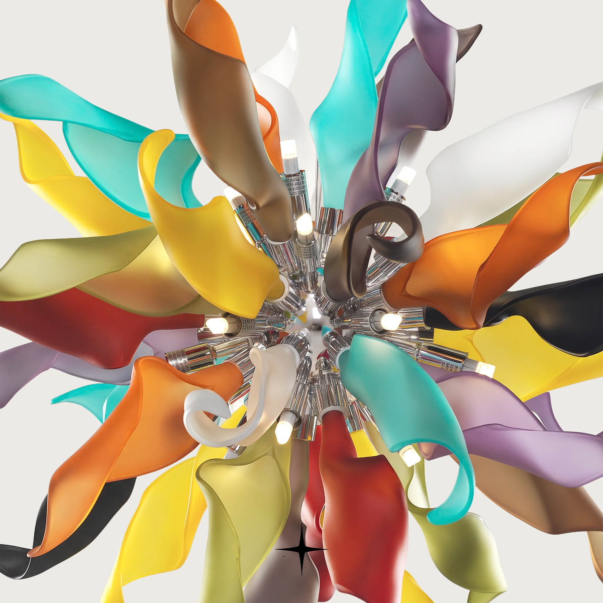 Victoria Chandelier featuring 38 arms and 20 G9 LEDs in a colorful multi-toned spherical design
