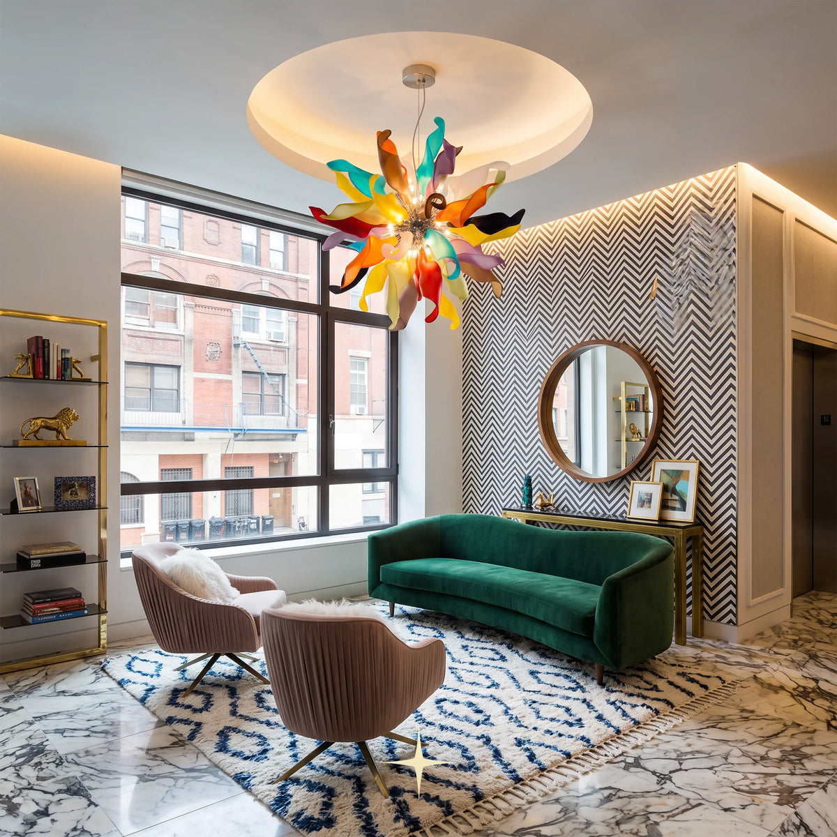 Victoria Chandelier featuring 38 arms and 20 G9 LEDs in a colorful multi-toned spherical design
